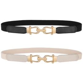 WERFORU Women's Thin Elastic Belt for Dresses, Thin Retro Stretch Waist Belt with Golden Buckle, B-Black+Beige