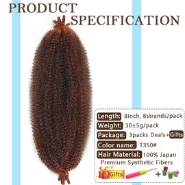 Afro Twist Hair Pre Separated Springy Afro Twist Hair Pre stretched Wrapping Hair for Soft Locs Marley Twist Braiding Hair Afro Kinky Twist Hair Extensions (8 Inch (Pack of 3),T350#)