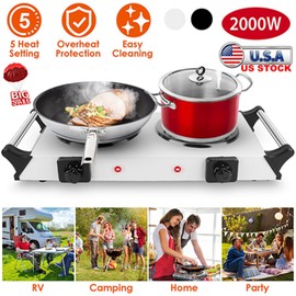 iMounTEK 2000W Electric Dual Burner Portable Coil Heating Hot Plate Stove Countertop RV Hotplate with 5 Temperature Adjustments Portable Handles/Sliver-Double