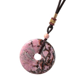 Nupuyai Women's Necklace with Doughnut Gemstone Pendant 40 mm, Crystal Round Amulet Lucky Coin for Men and Women, Stone Nylon, rhodonite