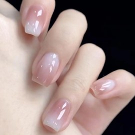 RUPOFUZA Nude Short Square Press On Nails Peach Lrregular Bleaching Design Short Fake Nails with Nail Glue, Reusable Artificial Nails Stick On Nails for Women