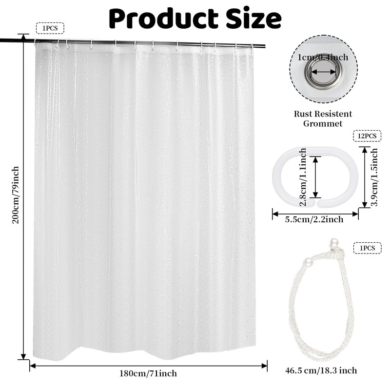 JRJRN 180x200cm Semi Transparent Shower Curtain, 3D Clear Shower Curtain,