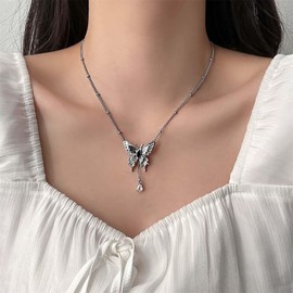 Cimenexe Bohemian Onyx Butterfly Choker Necklace Teardrop Crystal Pendant Necklace Butterfly Satellite Chain Necklace Silver Cz Butterfly Collar Necklace Jewelry for Women