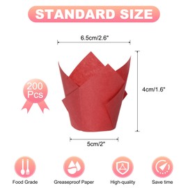 sourcing map 200 Pcs Tulip Baking Cups Cupcake Muffins Liners Paper Greaseproof Wrappers for Wedding Birthday Party Festivals Christmas, Rose Red