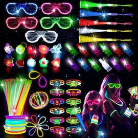 Glow in the Dark Party Supplies, 260PCS Light up Party Favors with LED Glasses Glow Sticks Finger Lights for Halloween Christmas New Year Raves Birthday