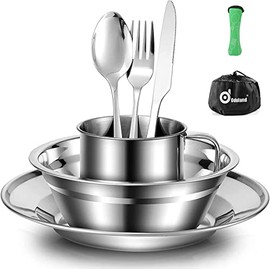 Odoland Camping Cutlery Set - Stainless Steel Tableware Mess Kit Plate Cup Fork Spoon, 8 in 1 Flatware Kit with Mesh Bag - Dinnerware Utensils Set for Outdoor Camping Hiking and Picnic for 1 People