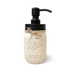 IVORY Mason Jar Soap Dispenser, Hand Painted and Distressed, 16 oz. Pint Size, Matte Black Soap Dispenser Lid, NOT for Heavy Duty Use, Country Chic Bathroom Decor Rustic, New Home Gift For Couple