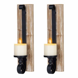 Wall Sconce Candle Holder (Set of 2) Black Wall-Mount Metal and Wooden Candle Holders Hanging Iron Wall Candle Sconce Holder for Living Room, Bathroom, Dining Room
