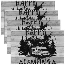 Erosebridal Happy Camping Placemats Set of 4,Galaxy Starts Place Mats for Kids Girls,Woodland Camper Table Mats,Rustic Wooden Plank Mountain Waterproof Placemats 12x18 Inch