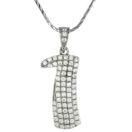 Sterling Silver Cubic Zirconia Number 1 Necklace Micro Pave 3/4 inch 16 inch RHB206H