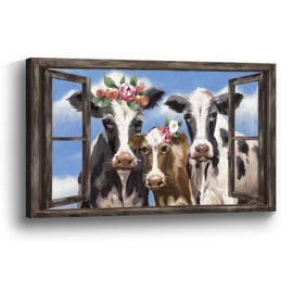 Window Cow Canvas Wall Art: Funny Farm Animal Picture Print Rustic Flower Crown Cattle Painting Artwork for Nursery Farmhouse Bedroom Living Room Decor