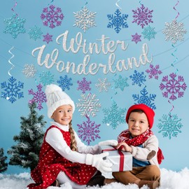 Winter Wonderland Decorations, Blue and Purple Winter Wonderland Christmas Decorations Includes Glitter Banner and Snowflake Hanging Swirl, Snowflakes Ornaments Banner for Indoor Office Decorations