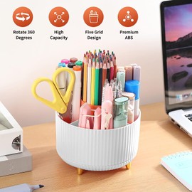 Pencil Pen Holder for Desk, 5 Slots 360°Degree Rotating Pencil Pen Organizers for Desk, Desktop Storage Stationery Supplies Organizer, Cute Pencil Cup Pot for Office, School, Home, Art Supply (White)