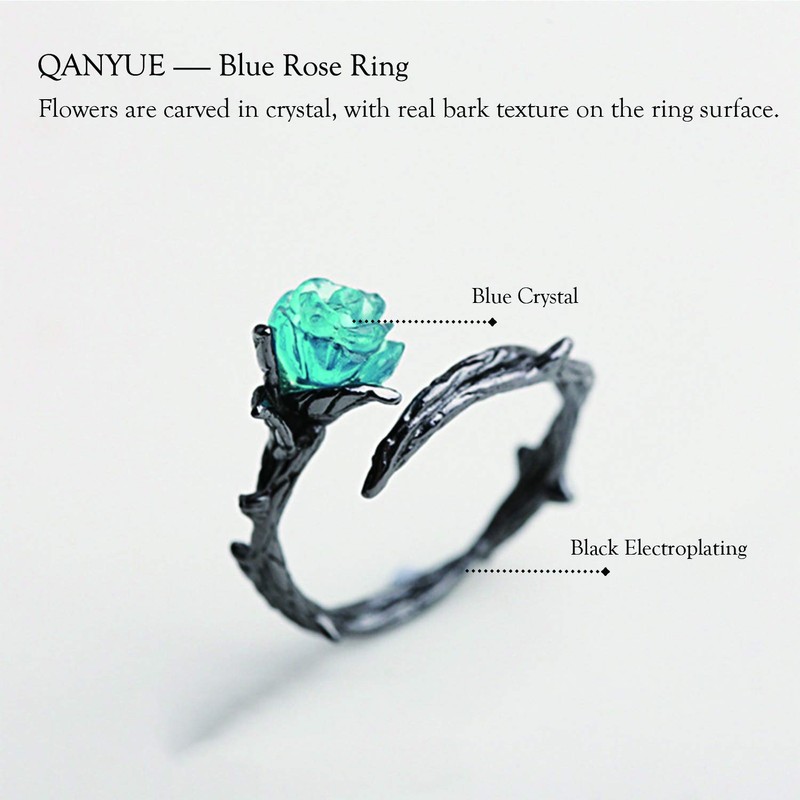 qanyue Rose Rings for Women, Thorn Blue Cubic Zirconia Flower