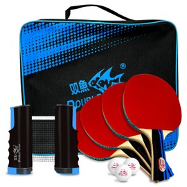Double Fish Ping Pong Paddle Set of 4, 6 Ping Pong Balls ITTF Approval Professional 3-Star WTT with Retractable Ping Pong Net, Carrying Storage Case, Table Tennis Sets for Training, Game, Family Fun