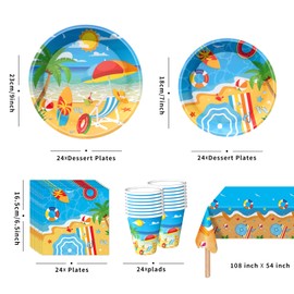 Beach Party Decorations Set Includes Dinner Plates, Napkins, Cups and Tablecloth for Summer Hawaiian Beach Birthday Party Decorations, Serve 24