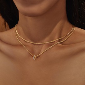Poxtex Gold Layered Choker Necklace for Women, 14K Long Chain Necklace Set Dainty Jewelry, Trendy Cuban Cubic Zirconia Hoop Pendant Necklace for Women's Gifts