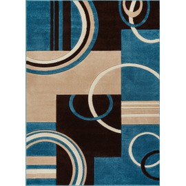 Well Woven Echo Shapes & Circles Blue & Brown Modern Geometric Comfy Casual Hand Carved Area Rug (3'11inx5'3in) Easy Clean Stain Fade Resistant Abstract Contemporary Thick Soft Plush Living Room Rug