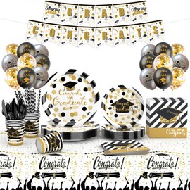 2025 Graduation Party Decor Supplies, 233-Piece Set for Graduation, Includes Disposable Dinnerware Like Plates, Cups, Napkins, Cutlery, Tablecloth, Balloons (Perfect for 25 Guests, Black & Gold Theme)