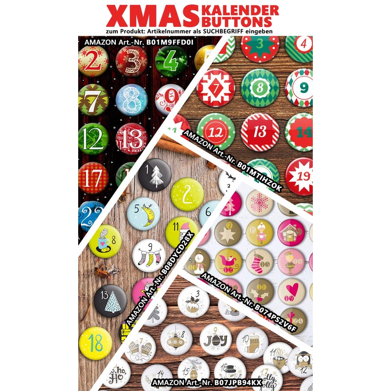 stylebutton® 24 Advent Calendar Buttons: Colourful, Numbered Pin Xmas 2