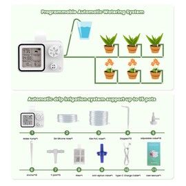 Hjh Irrigation System Indoor Automatic Watering Set, 15 Adjustable Drip Drip Dripper & Ground Anchors, Programmable Self-Watering for Garden, Balcony, Greenhouse, Office, Indoor, Holiday Watering