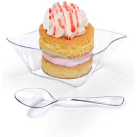 100 5 oz Wavy Mini Dessert Cups With Spoons Mini Dessert Plates Plastic Dessert Bowls Ice cream Bowls Trifle Bowl, Clear Bowls Disposable Plastic Dessert Shot Glasses Appetizer Bowls, Condiment Bowls
