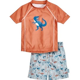 Playshoes Unisex Children's UV Protection Swimming Set Two Piece Swimming Shirt Swimming Shorts Swimwear, Dino Ochre
