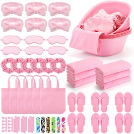 Thiccywoov 54Pcs Kids Foot Spa Party Supplies for Girl Spa Party Favors 6 Washbasin 6 Tote Bags 6 Hand Towels 6 Toe Separators 6 Hair Scrunchies 6 Hairband 6 Slipper 6 Eye Mask 6 Nail File (Pink)