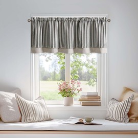 Vangao Kitchen Valance Linen Blend Stripe Short Curtains Farmhouse Rustic Pinstripe Tickingstripe Double Layer Blackout Rod Pocket Window Topper Treatments 18 Inch 1 Panel Black on Beige