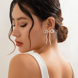 Bow Earrings for Women Dainty Gold Pearl Dangle Earrings Pearl Bow Earrings Trendy Christmas Gifts for Teen Girls Stuff