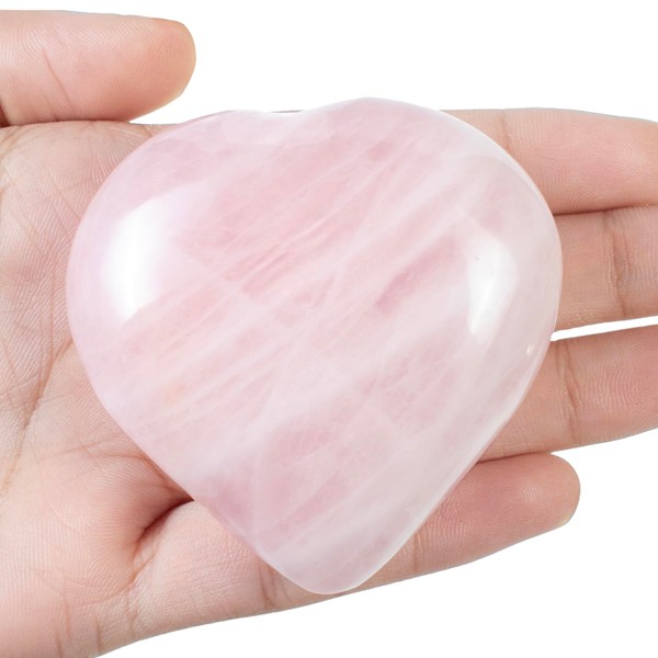 Crocon Rose Quartz Gemstone Large Heart Hand Carved Puff Pastry Stones Set Pocket Crystal Healing Tumble Collection Palm Worry Stone Lucky Charm Gift Craft Home Decor Size: 2-2.5 Inches