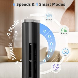 COWSAR Tower Fan with Remote, 6 Speeds, 4 Modes, 24H Timer, 60° Oscillation for Bedroom, Office, Kitchen, 41-Inch Bladeless Tower Fan,Black