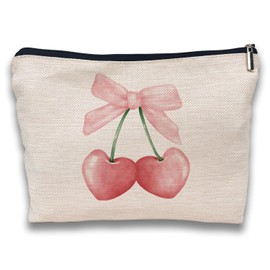 BEHIFL Coquette Pink Bow Cherry Makeup Bag - Girly Aesthetic Preppy Gifts, Stuff & Pouch