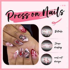 24Pcs White French Tip Halloween Press on Nails Short Almond French Tip Fake Nails Red Rhinestone Spider Acrylic Nails Ghost Red Blood Drop Artificial Nails Cute Ghost Pumpkin Stick on Nails for Women