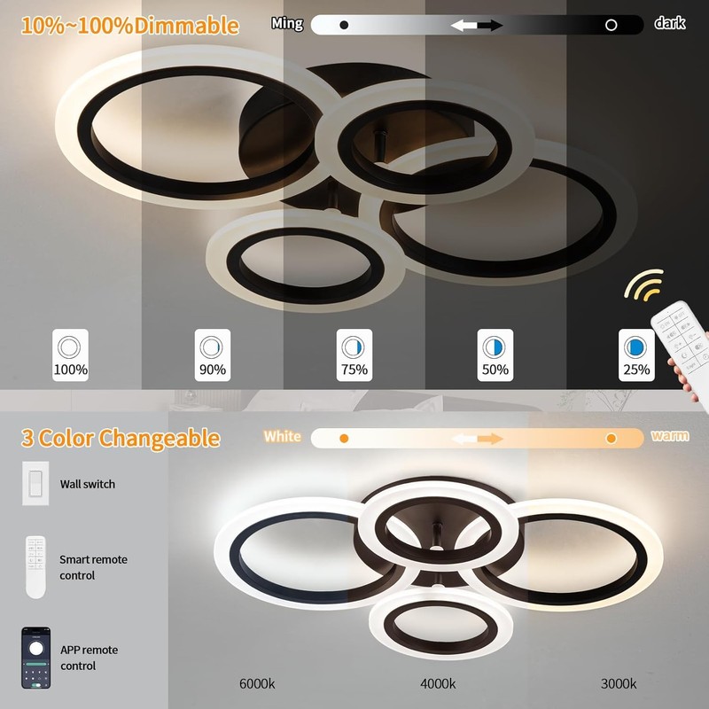 Shine LUEST 34W Modern LED Ceiling Light, 3000K-6000K Dimmable Ceiling