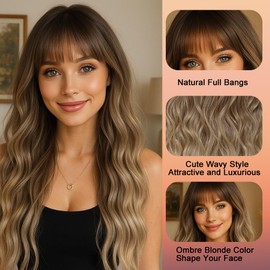 WAVE&BREEZE Long Blonde Wigs with Bangs 26Inch Wavy Curly Hair for Women Tangle Free Soft Natural Looking Premium Heat Resistant Protein Fiber Daily Party Use