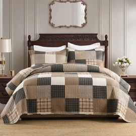 FineStichery Plaid King Quilt Set - 100% Cotton Quilts, King Quilt Bedding Set, Farmhouse Patchwork Quilt, Lightweight Bedspread Coverlet for All Seasons, Brown, 3 Piece, 98"x106"