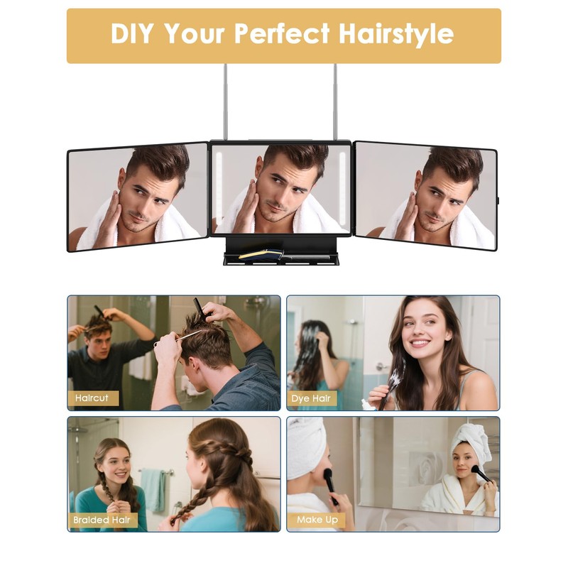 Dripex 3 Way Mirror with Storage Shelf, Trifold Self Haircut