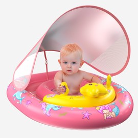 Baby Pool Float with Canopy UPF50+ Sun Protection, Inflatable Kids Pool Floats Infant Swimming Float with Toy Play Console Adjustable Safety Seat for Kids Girls Boys Aged 6-36 Months (Blue)