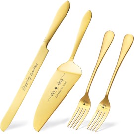 ROXBURGH - Juego de cuchillos y servidores para tartas de boda, grabado Mr and Mrs Gold Forks, juego de corte de pasteles para tartas y postres para bodas, aniversarios, despedidas de soltera,