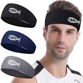3pcs Sweat Band Headbands for Men Women Christian Jesus Fish Cross Sports Sweatbands for Men Cooling Running Workout Headbands for Mens Headband Women Hairband for Sweat Yoga Gym Football Tennis Gifts