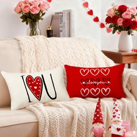 Valentines Day Decorations-Valentine Pillow Covers 12x20 Set of 4, Red Hearts I Love You Happy Valentine's Day Throw Outdoor Pillow Covers Anniversary Wedding Cushion Case for Home Sofa Couch Decor