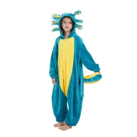SimZoo Kids Animal Pajamas, 3-13 Years Boy and Girls Blue Axolotl Cosplay Costume Sleepwear, One-Piece Unisex Homewear