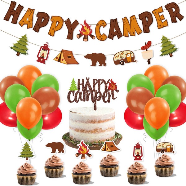 Happy Camper Party Decoration Kit Banner Cake Topper Balloons Kids Backyard Camp Out Birthday Photo Props Favor Campfire Tent S'more Fun Adventure Party Ideas