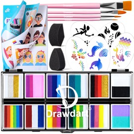 Drawdart Drawdart Professional Face Painting Kit for Kids Adults, Split Cake Face Paint Palette 12 x 10gm with Stencil, One Stroke Non Toxic Rainbow Face Body Paint Set Festival Makeup