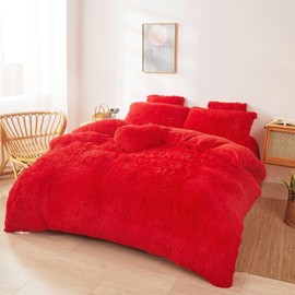 FOPPA Red Fluffy Comforter Cover Set King- Ultra Soft Fluffy Red Bedding Sets 3 Pieces (1 Duvet Cover + 2 Pillow case) Pink Fluffy Bed Set (Red, King)