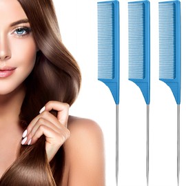 Leinuosen 3 Packs Rat Tail Comb Steel Pin Rat Tail Carbon Fiber Heat Resistant Teasing Combs with Stainless Steel Pintail ()