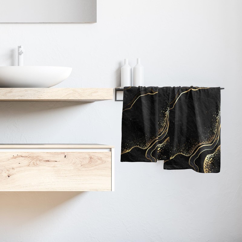 Miaoquhe Black Gold Marble Hand Towel Set of 2, Marble