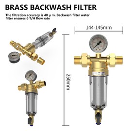 Backwash Filter Water Filter, Water Pre-Filter Sediment Filter with Pressure Gauge and Adapter, Reusable Water Pre-Filter Sediment Water Filter, Flushable Pre-Filter for Domestic Waterworks Pipes (1/6