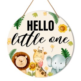 Muktoujaumai Nursery Wall Decor, Woodland Nursery Hanging Sign Decor Safari Kids Room Wall Decoration Jungle Wood Sign for Baby Bedroom, Playroom, Toddler Room, Toy Room, Hello Little One